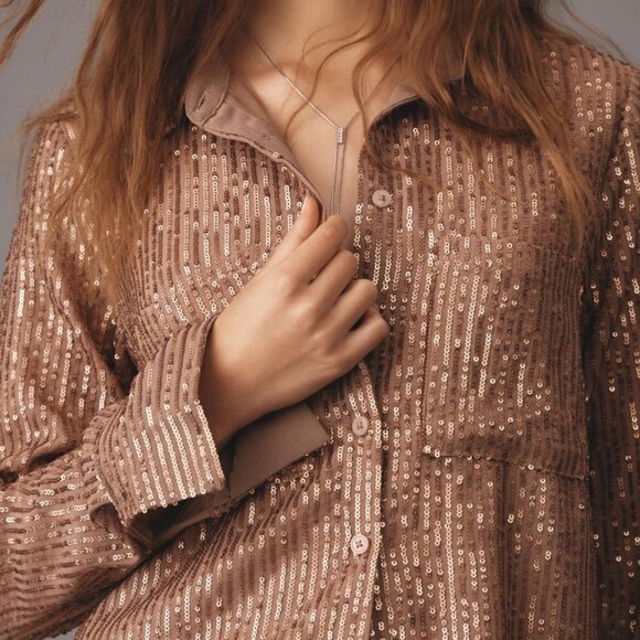 ANTHROPOLOGIE The‎ Remie Sequin Brown Buttondown Shirt Top Size M - Picture 2 of 3